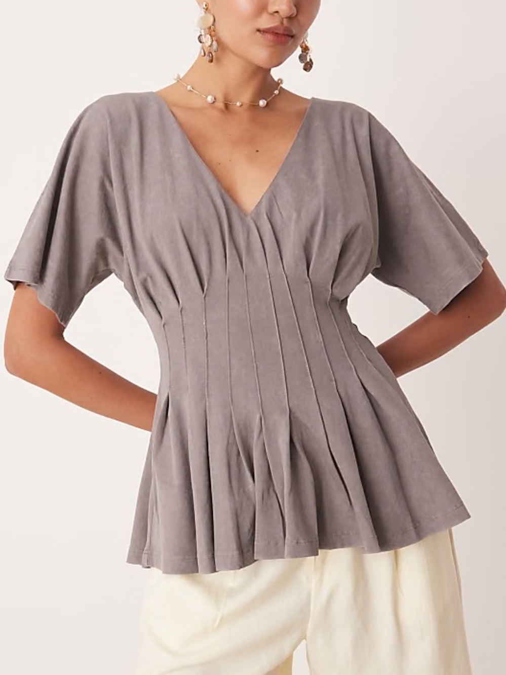 ASOS NWT V-Neck Pleated Peplum Top in Gray